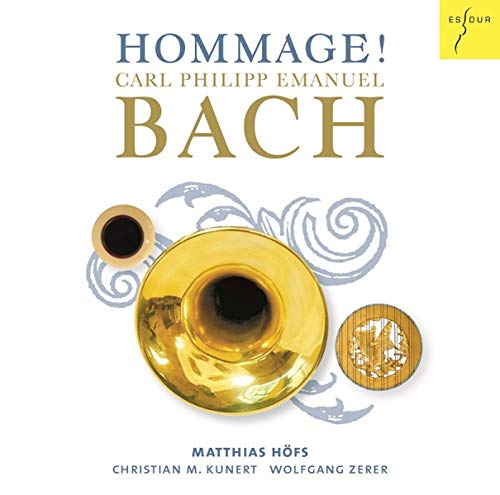 CD cover featuring a golden trumpet, musical notes, and text “Hommage! Bach”.