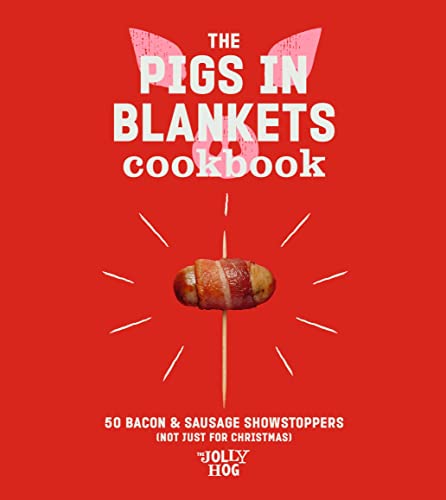 Red cookbook cover featuring a pig in a blanket on a stick.