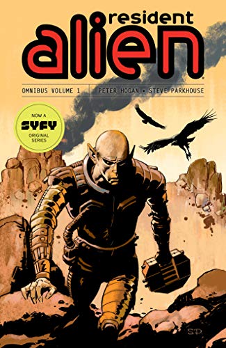 Comic book cover featuring an alien in a suit with birds and mountains.