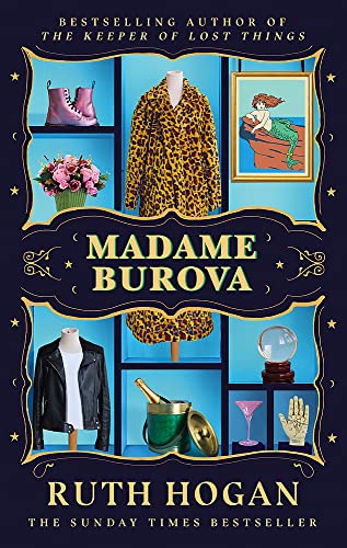 Book cover featuring clothing, art, and objects on blue shelves.