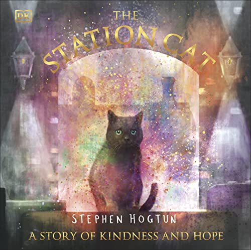 Black cat sits within an archway of colorful, blurred station imagery.