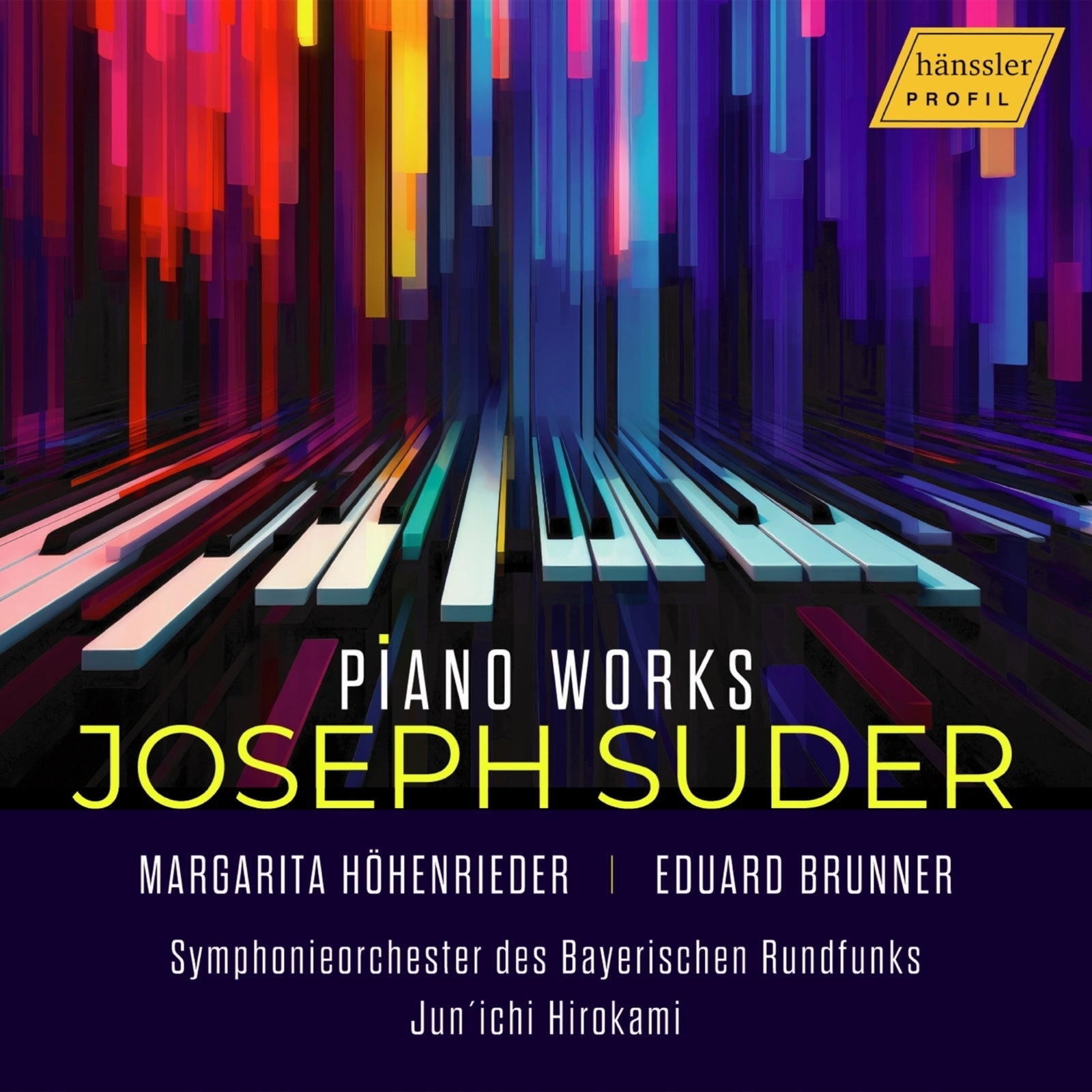 CD cover with colorful abstract piano keys and text: “Piano Works”.