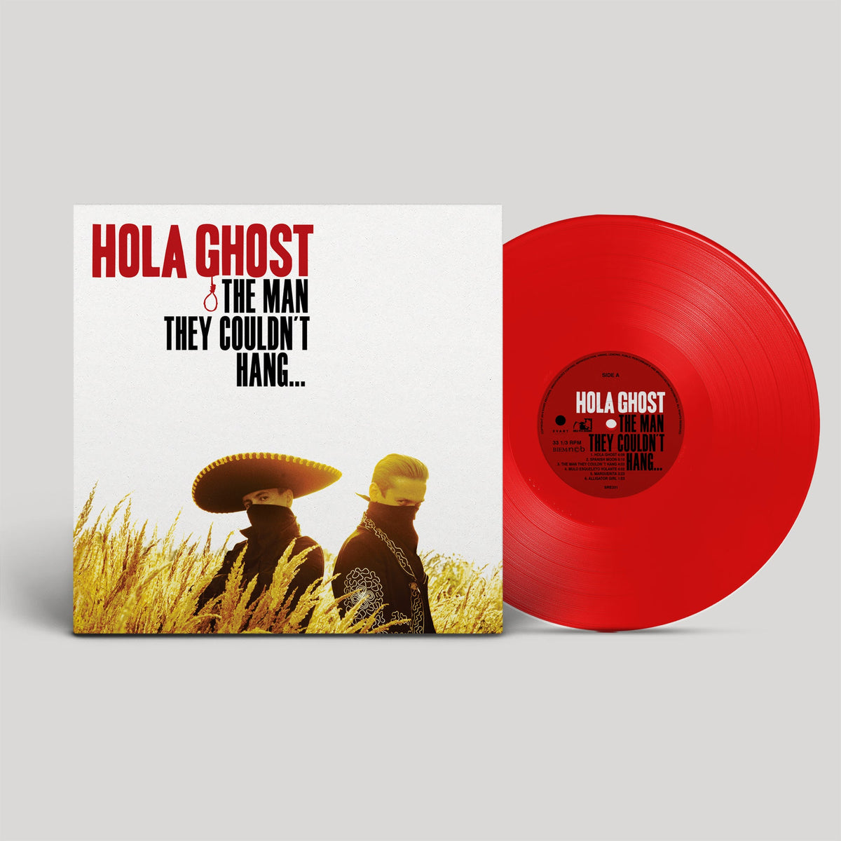 Red vinyl record with a portrait of two men in sombreros.