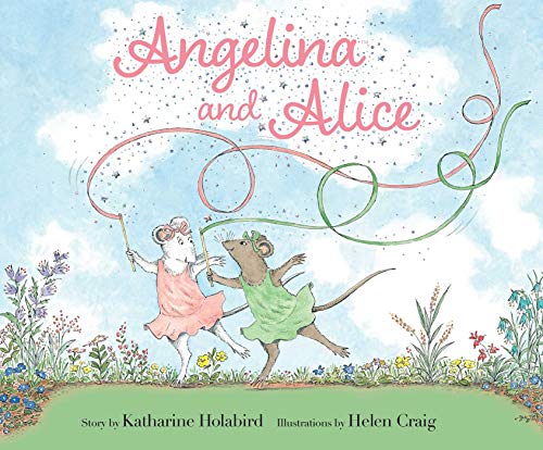 Two mouse ballerinas, Angelina and Alice, play with ribbons in a meadow.