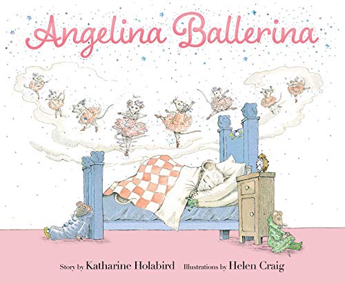 Angelina Ballerina book cover showing a mouse sleeping in bed with dancing mouse dreams.