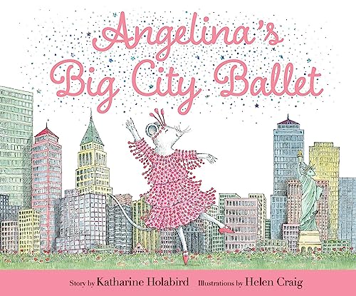 Angelina Ballerina in pink tutu dances before a city skyline.