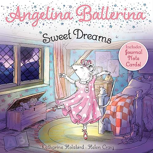 Angelina Ballerina in a pink polka-dot dress dancing in her bedroom at night.