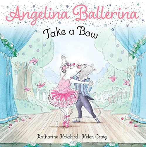 Angelina Ballerina and a mouse partner dance on a stage with blue curtains.