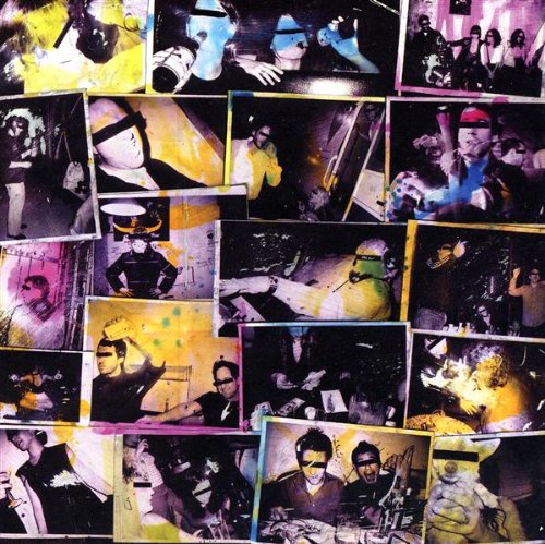 Collage of dark, candid party photos with black bars covering people's eyes.