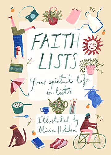 Book cover with illustrated objects surrounding the title "Faith Lists.