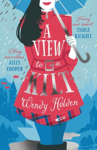 Book cover: woman in red coat holding umbrella, Scottish castle backdrop.