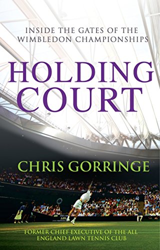 Book cover: "Holding Court" about Wimbledon, with tennis player image.