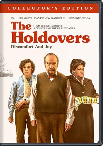 DVD cover for "The Holdovers" featuring three actors in winter attire.