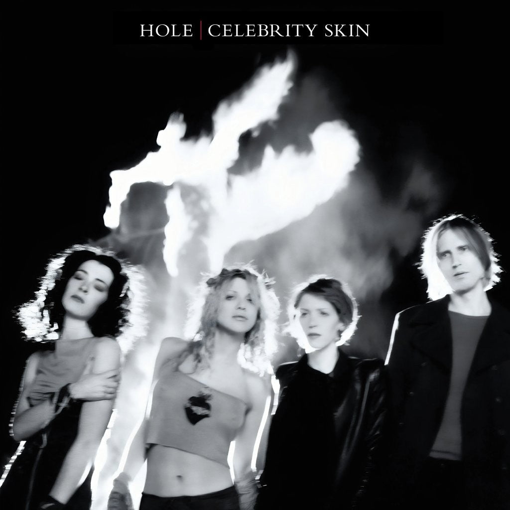 Black and white album cover for Hole’s “Celebrity Skin” with band members.