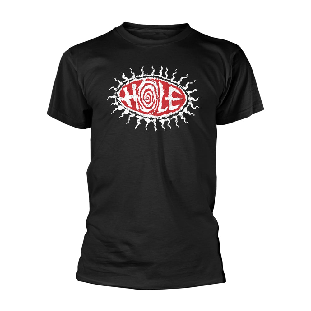 Black t-shirt with a white graphic of an eye and the word "HOLE".