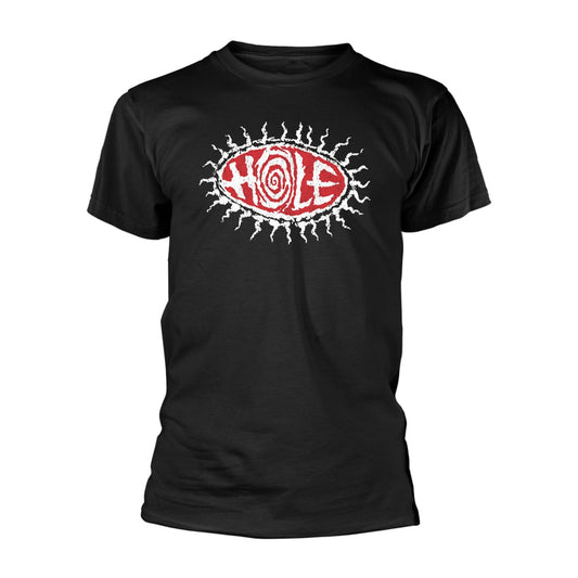 Black t-shirt with a white graphic of an eye and the word "HOLE".