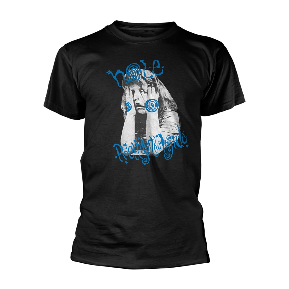 Black t-shirt with a distressed image of a woman and swirling designs.