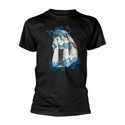Black t-shirt with a distressed image of a woman and swirling designs.