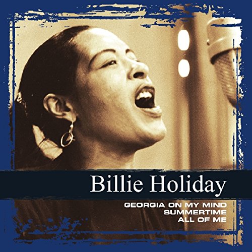"Billie Holiday album cover featuring a sepia-toned photo of her singing into a microphone."
