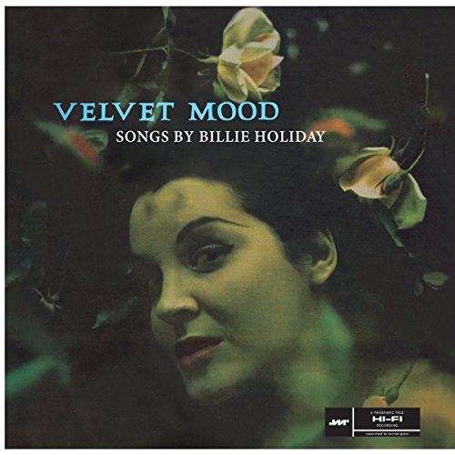Billie Holiday portrait album cover with roses, dark teal background.