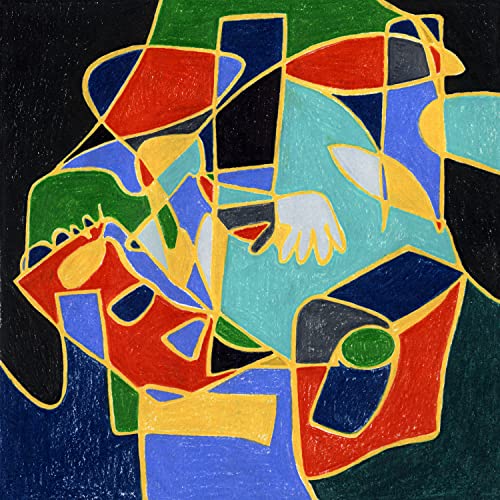 Abstract face portrait in vibrant colors of blue, red, green, and yellow.