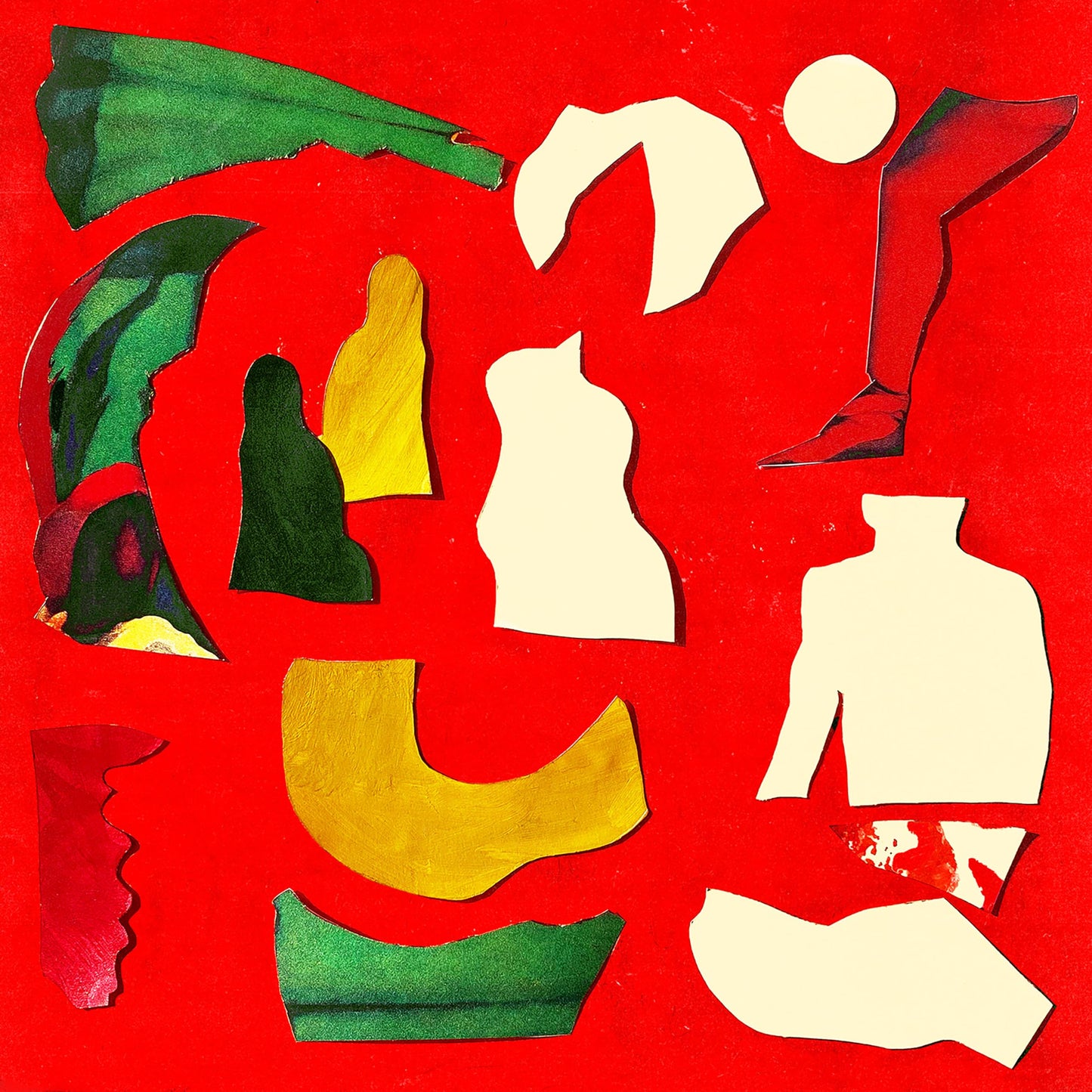 Abstract collage of paper cutouts in green, yellow, and cream on a red background.
