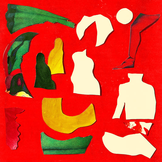 Abstract collage of paper cutouts in green, yellow, and cream on a red background.