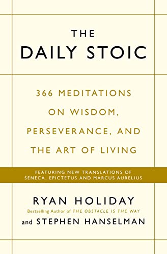 Book cover: "The Daily Stoic" with gold text on a cream background.