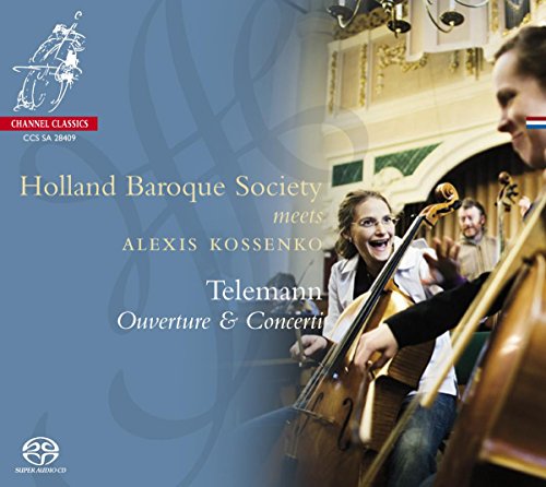 "CD cover with musicians playing cellos in an ornate room, blue background."