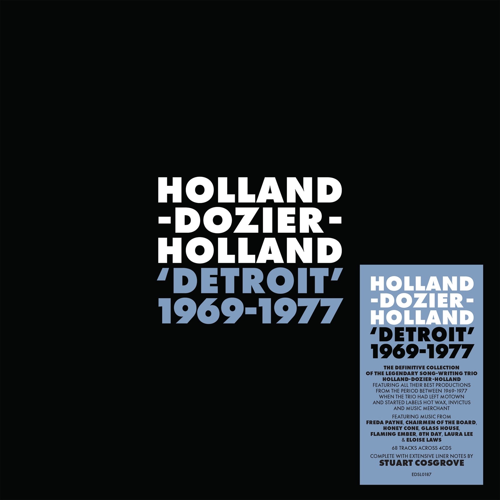 Black album cover with white text reading Holland-Dozier-Holland Detroit 1969-1977 and a blue information sticker.