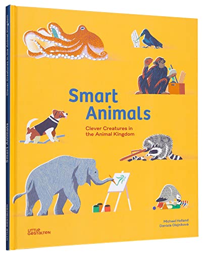 Book cover: "Smart Animals" with illustrated animals painting and reading.
