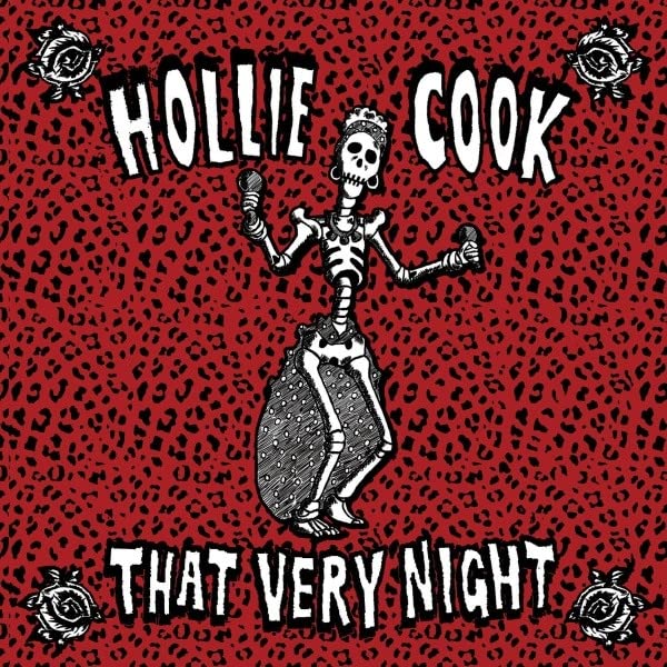 Red leopard print background with skeleton illustration and “Hollie Cook” text.