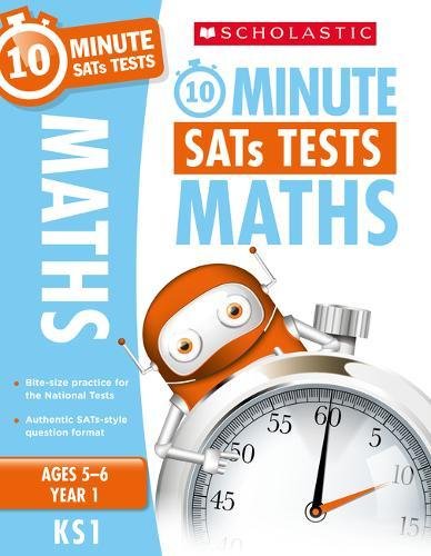 Book cover: "10 Minute SATs Tests Maths" with a robot and clock.