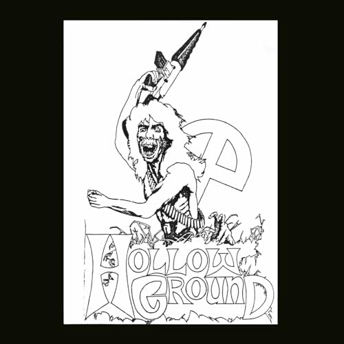 Black and white illustration of a figure with a weapon and text.