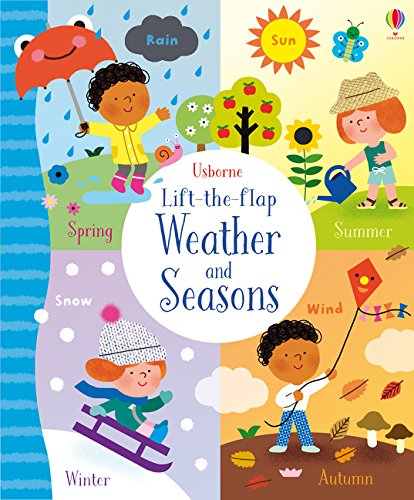 Children’s book cover depicting seasons, weather, and diverse kids outdoors.