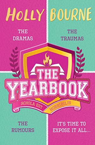 Book cover for "The Yearbook" by Holly Bourne, split pink and teal.