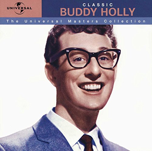 Man in suit and glasses on a CD cover with text about Buddy Holly.