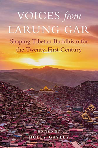Book cover with a sunset over a Tibetan Buddhist monastery town.