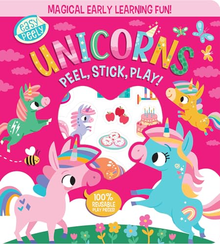 Colorful book cover featuring unicorns, stickers, and playful illustrations.