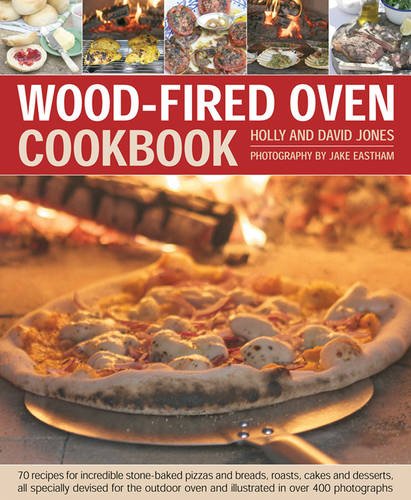 Cookbook cover showing a pizza baking in a wood-fired oven with smaller food images.