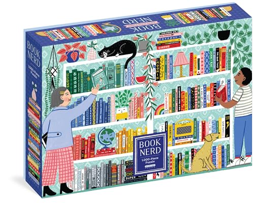 Puzzle box depicting a colorful bookshelf scene with people and animals.