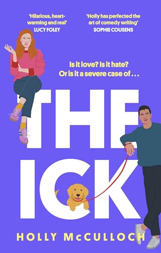 Book cover with illustrated woman, man, and golden retriever on blue background.