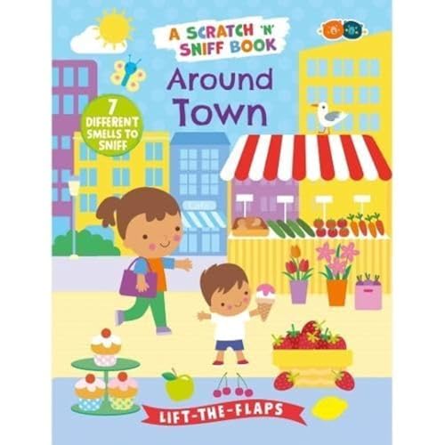 Children’s scratch and sniff book cover depicting a colorful town scene.