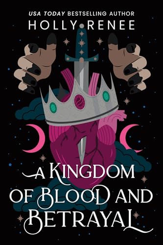 Book cover with crown, heart, dagger, hands, and crescent moons on black.