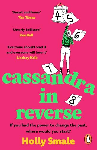 Book cover with a woman and floating calendar pages on a bright pink background.