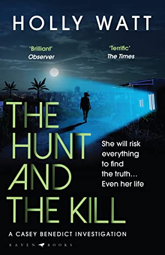 Book cover: shadowy figure with flashlight, city skyline, and large title text.