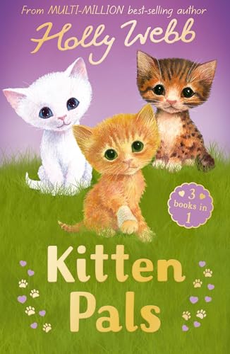 Three kittens, one white, one ginger, and one tabby, sit in green grass.
