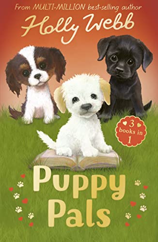 Book cover featuring three illustrated puppies and an open storybook.