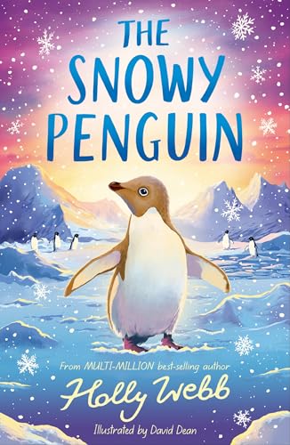 A penguin stands in a snowy polar landscape under a colorful sunset sky.