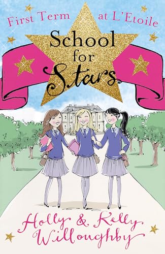 Book cover: three girls in school uniforms walking towards a large building.
